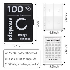 FuninCrea 100 Envelopes Saving Challenge A5 Money Saving Wallet with Cash Envelope and Tracking Label, Budget Binder Savings Binder Leather Cash Stuffing Wallet Fun to Budget Planners (Black, A5)