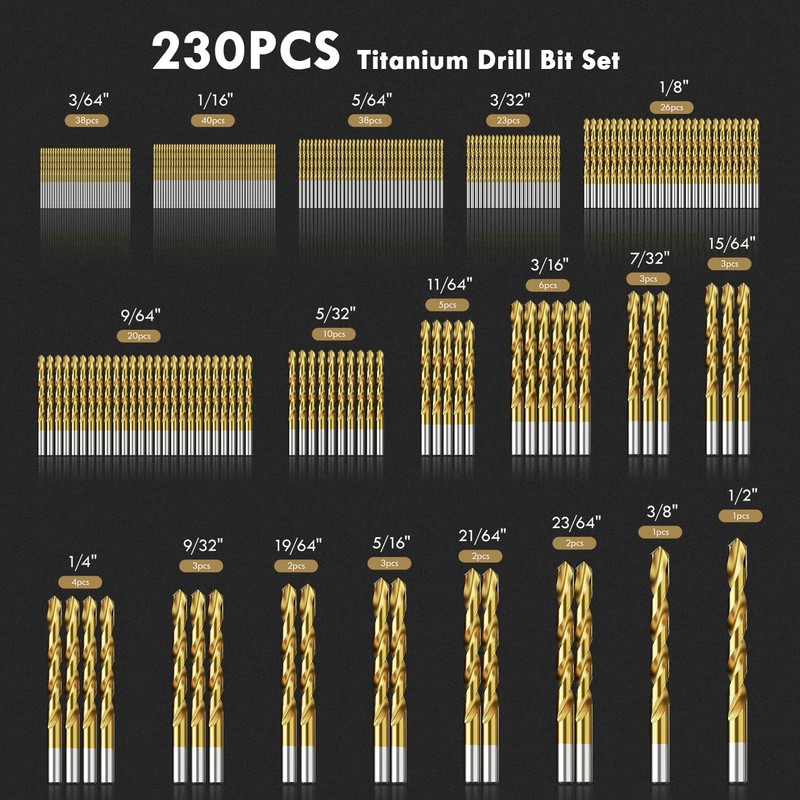 MACXCOIP 230Pcs Titanium Drill Bit Set, 135 Degree Tip HSS
