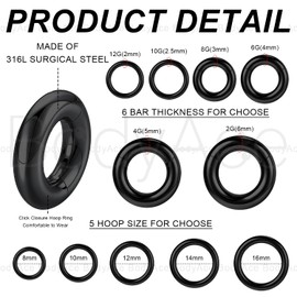 BodyAce Black Hinged Segment Clicker PA Rings, 2G 4G 6G 8G 10G 12G Large Spring Action BCR Rings, Surgical Steel Septum Nose Rings Ear Gauges Earrings Hoops [2G(6mm),Hoops:12mm]