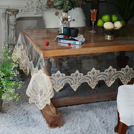 SUTAVIA Clear Plastic PVC Lace Tablecloth Waterproof Oil Proof Transparent Table Protector Exquisite Vinyl Table Cover for Home Holiday Dining Table(Champagne, Rectangle,60 x 84 Inch,6-8 Seats)