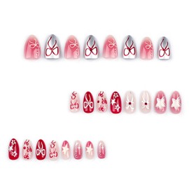 TBRZTR Press on Nails Medium Cute Bow Tie and Stars Design False Nails Artificial Acrylic Nails Almond Shaped Fake Nails 24Pcs Full Cover Reusable Coffin Nails Glue on Nails for Women Kit