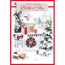 Both of You Christmas Card - Scenic Snowy Village with Robin and Wreath Glitter & Foil 7.5x5.25"