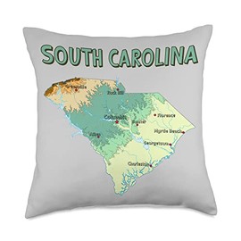 Physical Map of South Carolina, major cities, lakes, rivers Throw Pillow
