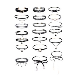 YFFSFDC Choker Necklace, Black, 20-piece Set, Simple, Stylish, Women's Choker, Ribbon Making, Flower Lace, Elastic Type, Pendant, Collar, Accessories