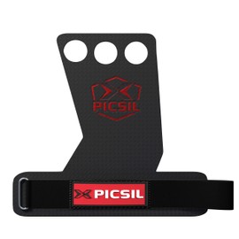 PICSIL RX Carbon Grips 2 Holes and 3 Holes, Hand Grips for Weightlifting, Muscleups, Pull Ups, Gymnastics, Prevent Blisters and Rips, for Men and Women (L, 3H RED)