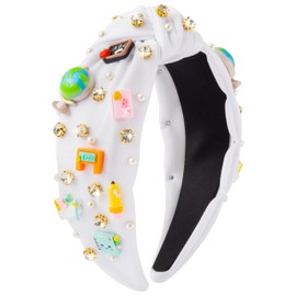 Y1tvei Teacher Appreciation Gifts Headband - White Cute Pencil Crystal Rhinestone Pearl Embellished Knotted Headband Wide Top Knot Teacher Hair Accessories Trendy Back to School Outfit for Women Girls