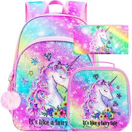 UFNDC 3PCS Kids Unicorn Backpack for Girls, 16" sequin Bookbag with Lunch Box, School Bag Set for Elementary Preschool Toddler