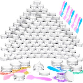 MotBach 100 Pcs 3g Empty Plastic Containers with White Lids,Tiny Makeup Sample Containers, Small Pot Jars Clear Round Cosmetic Jars with 20 Pcs Mini Spatulas for Liquid Sample Powder Creams