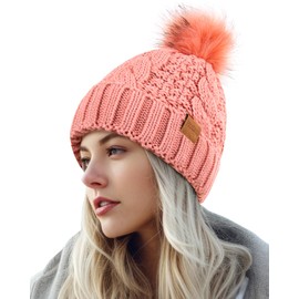 PIOZAED Women's Winter Pompom Beanie Warm and Cozy Knit Hat Fleece Lining Skull Cap for Women Pink