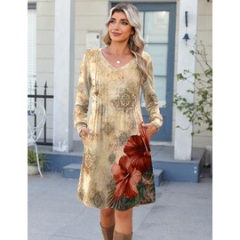 Zeagoo Womens Dress Fall Winter 2025 Trendy Tunic Dresses Long Sleeve A Line Flare Dress Pleated,Beige Floral L