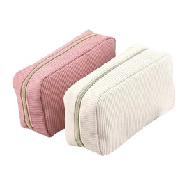 Corduroy Makeup Organizer, Cosmetic Travel Toiletry Set (2 Pieces in Pink and Beige)