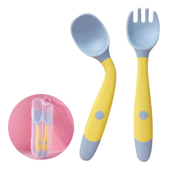 Baby Fork and Spoon Set, 360°Bendable Self Feeding Utensil Raise Learning Cutlery Kit Soft Tableware Gift with Carry Case BPA-Free for Infant Toddler Children Kids First Led Training (1 Pair) (Yellow)