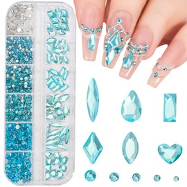 Multi Shapes Lake Blue 3D Glass Crystal Nail Art Rhinestones Kit with 0.8mm Round Bead Charm Flatback Gem Stone Jewelry Diamond for Manicure Makeup DIY Craft Decoration