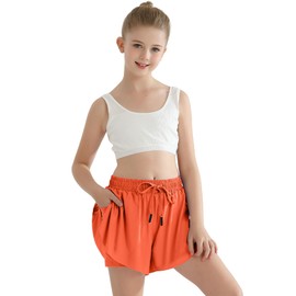 Girls Athletic Butterfly Shorts Orange Flowy Shorts Dance Skorts for Girls with Pocket 2 in 1 Activewear for Bike, Basketball, Soccer Size 8 9