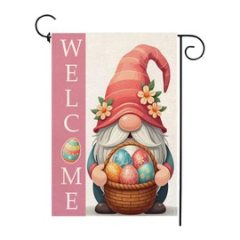 Easter Gnome Garden Flag 12 x 18 Inch Vertical Double Sided Burlap Farmhouse Flowers Easter Eggs Yard Outdoor Decor