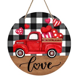 Deroro Happy Valentines Day Love Sign Front Door Decor, Farmhouse Red Truck Hearts Wood Door Hanger, Black White Buffalo Plaid Wooden Wreath Pediment Plaque Outdoor Indoor Wall Hanging Decorations
