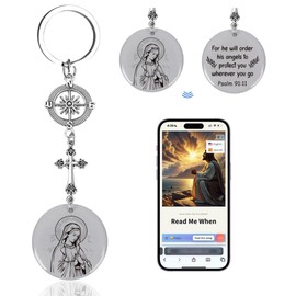 Luvsweets Christian Gifts Keychain with NFC Bible Verse Virgin Mary Keychain, He Will Order His Angels to Protect You Keyring with Cross, Religious Faith Scripture Gifts for Christmas Easter Baptism