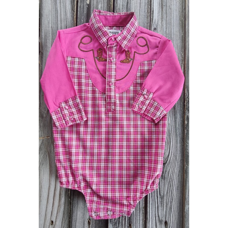 4Rodeo Baby Toddler Western Pink Plaid Cowboy Bodysuit Shirt (0-6