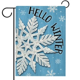 Hzppyz Hello Winter Snowflakes Garden Flag Double Sided, Blue Snow Decorative Yard Outdoor Home Small Decor, Christmas Holiday Burlap Outside House Decoration 12 x 18
