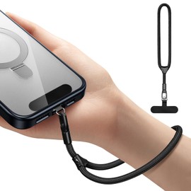 LunarCharm Handy-Handstraps, universally adjustable lanyard for most smartphones, multifunctional patch-lanyard with stainless steel phone holder, Black