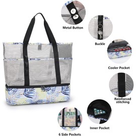 UYLIA Large Tote Mesh Beach Bag with Cooler for Women Men, Durable 8 Pockets Sandproof Waterproof Foldable for Pool Swimming and Travel Daily Use (Maple Leaves)