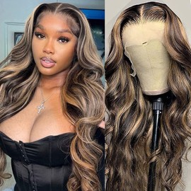 Megalook hair Highlight Ombre 13x4 Transparent Lace Front Wigs Human Hair 200% Density Balayage Body Wave Lace Front Wigs for Black Women Human Hair 1b/27 Lace Front Wigs Pre Plucked 22 Inch