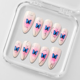 Zfans Almond Shape DreamWear Collection - 100% Handcrafted 3D Press-On Nails | Reusable, Long-Lasting, Salon-Quality Mint Bloom Eco-Friendly Nail Art Set:_Starry Butterfly Blush_l