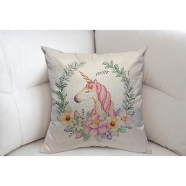 Mugod Colorful Watercolor Unicorn Cushion Cover Throw Pillow Covers Pink Wavy Hair Unicorn in Garland Pillow Case for Men Women Decorative Home Sofa Chair Couch 45x45cm/18x18 Inch