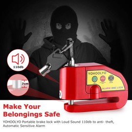 YOHOOLYO Alarm Disc Lock Motorcycle Disc Brake Lock Anti-Theft Waterproof 110 dB 7mm Pin 5ft Reminder Cable for Motorcycles Bike Scooter Carry Pouch (Red)