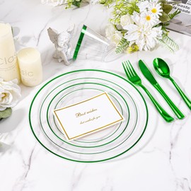I00000 350 Pcs Green Plastic Dinnerware Set for 50 Guests Include:50 Dinner Clear Green Plastic Plates, 50 Dessert Party Plates, 50 Pre Rolled Napkins with Cutlery Set, 50 Cups for Wedding