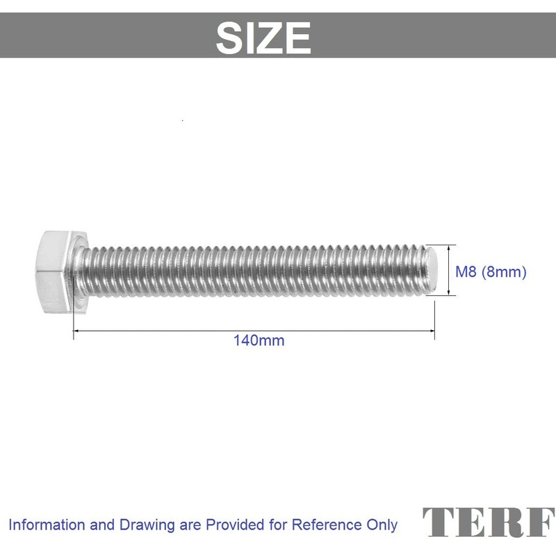 TERF® M8 X 140mm Hex Bolts Fully Threaded Set Screw