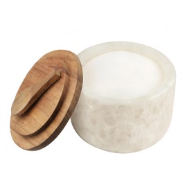 Lc.Courage Salt and Pepper Spice Cellar, Marble Container for Coffee, Sugar, Spices and Candies, With Built-in Magnetic Attraction Spoon and Acacia Wood Lid, 6.5 oz (Snowflake White)