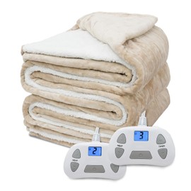 SoLafeel Heated Electric Blanket Queen Size 84"×90" Soft Flannel and Sherpa Warm Blanket Dual Controllers Heating Blanket,10 Heating Levels,Machine Washable,Beige