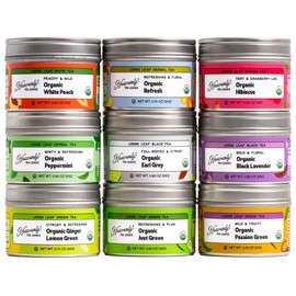 Heavenly Tea Leaves Organic Assorted 9 Loose Leaf Tea Gift Box (Approx. 90 Cups of Tea), Sampler Set of 9 Teas & Herbal Tisanes - Great Hot or Iced, High to No Caffeine