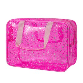 RSRSLEII Clear PVC Star Large Cosmetic Bag, Transparent Large Zippered Opening Makeup Bag, Portable Waterproof Travel Bag with Handle, Gym, Swimming and Beach Bag (01Pink)