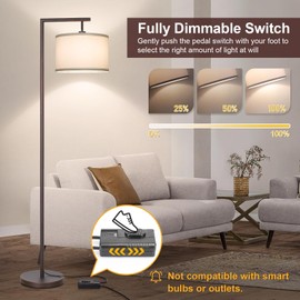 Fully Dimmable Floor Lamp Brown, Arc Floor Lamp for Bedroom with Adjustable Hanging Shade & Foot Switch, Modern Standing Lamp Corner Light Reading Lamp for Living Room, Office, LED Bulb Included
