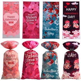 Boerni Hppy - Bolsas de plástico de celofán para el día de San Valentín, 100 unidades en 4 diseños con lazos dorados para fiestas de San Valentín