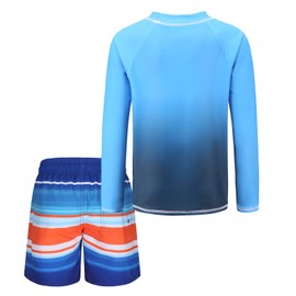 Aisyee Big Boys Two Piece Rash Guard Swimsuits Kids Long Sleeve Bathing Suit with Swim Trunk Swimwear Set Blue Gradient Size 12/10-12 Years