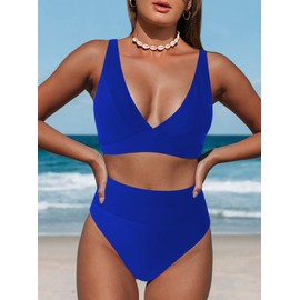 Hilinker - Traje de baño de bikini de leopardo para mujer, cuello en V, cintura alta, 2 piezas, Azul Real, M