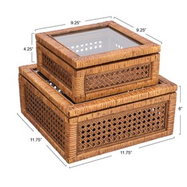 Creative Co-Op Modern Decorative Square Woven Rattan and Wood Display Boxes with Glass Top, Set of 2 Sizes, Dark Brown Finish