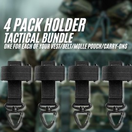 [ 4 Pack ] Tactical Gloves Holder Bundle | Full Velcro System, Metal Tongue Buckle, Rigid Snap Clips, Multi-Purpose Gear Storage (Black)