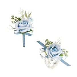 Floinla Light Blue Corsage and Boutonniere Set for Wedding Prom, Artificial Rose Babysbreath Flower Wrist Corsage Bracelets, Homecoming Corsage Wristlet, Boutonniere for Men Wedding Suit Decorations