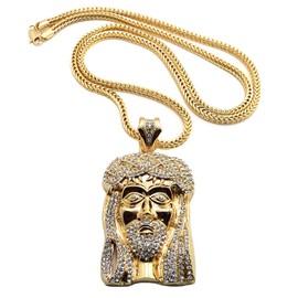 NYFASHION101 Iced Out Crowned Jesus Face Pendant w/4mm 36" Franco Chain Necklace, Gold-Tone