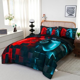 PERFEMET 6 Pcs Gamer Bed Set Twin Size Red and Teal Game Console Kids Bed in A Bag Set Soft Fluffy 3D Cool Teen Boys Gaming Comforter Set with Bed Sheet(Red Teal, Twin)