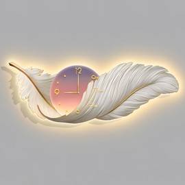 SQXLXDD Feather Wall Decor Clock, Large 3D Wall Art Decor with LED Light and Clock, Modern Boho Plume Decorative Wall Clock Acrylic Painting for Living Room Bedroom Decor (39.4×13.8IN)