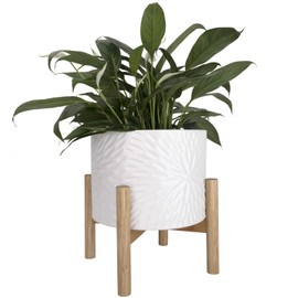 LA JOLIE MUSE White Planter with Stand,Mid Century Planters for Indoor Plants,Ceramic Plant Pot with Stand - 8 Inch Unique Modern Flower Pots Indoor with Drainage Holes