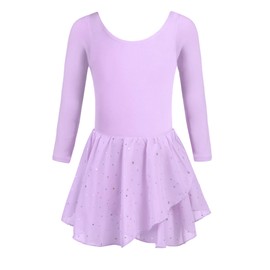 Trudge Children's Ballet Dress Set for Girls, Cotton, Short-Sleeve/Long-Sleeve Ballet Leotard Body, with Tutu Skirt, Purple A