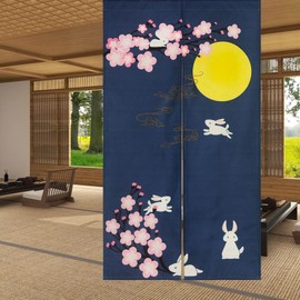 LIGICKY Japanese Style Thick Linen Noren Long Curtain Door Curtain Room Divider Tapestry for Home Textiles 85 x 150 cm, Blue, Cherry Blossom, Moon and Rabbit