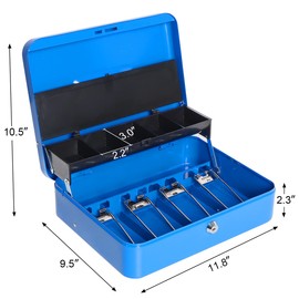Parrency Cash Box with Key Lock，Durable Metal Cash Box with Money Tray，Lock Box Safe Storage Security Locker with Security Cable,Blue