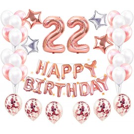 22 Years Old Number Birthday Balloons, Decoration, 31.5 inches (80 cm), 22 Number Balloons, Combination of Happy Birthday Banner, Happy Birthday, Rose Gold, Heart Balloons, Confetti Balloons, Star